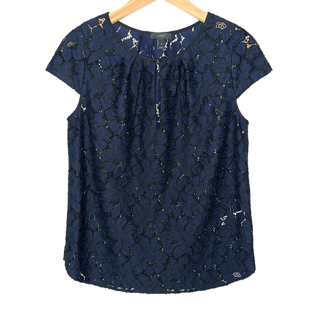 JCrew Navy Blue Lace Cap Sleeve Office Business Casual Blouse Top Size 4